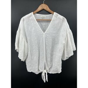 Max Studio Tie Front Blouse Womens Sz M White Eyelet Peasant Boho Cotton JJ15
